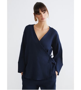 LCW Vision İndigo Kruvaze Yaka Dokulu Müslin Kadın Kimono