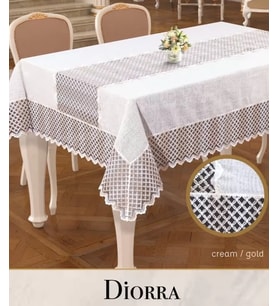 Diorra Model Krem-Gold Keten Kendinden Runnerli 160x220 cm Şık Yemek Masası Örtüsü