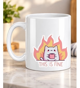 This Is Fine Yazılı Komik Tasarım Kedili Sevdiklerinize Hediye Porselen Kupa Bardak