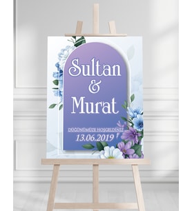 Söz Nişan Düğün İçin 50x70 Karşılama Panosu - Mor Çiçek Tasarımlı 001