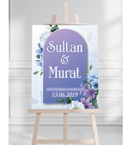 Söz Nişan Düğün İçin 50x70 Karşılama Panosu - Mor Çiçek Tasarımlı 001
