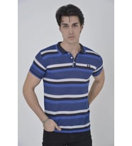 Erkek Polo Yaka tişört Slim Fit Dokuma Çizgili T-Shirt - Mavi