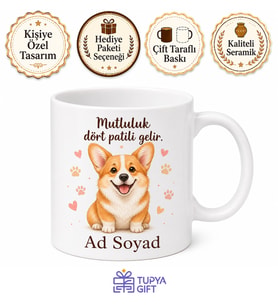 İsme Özel Corgi Desenli Kupa Bardak Sevimli Köpek Hediye Özel Tasarım