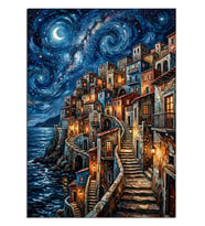 Yıldızlı Gece ve Sahil Kasabası ve Merdivenli Van Gogh Tarzı Dekoratif Kanvas - Mdf Ahşap Tablo