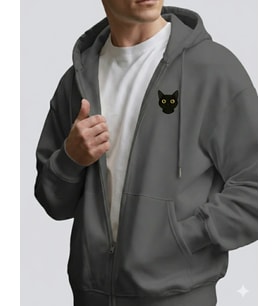 Erkek Siyah Kedi Baskılı Oversize Fermuarlı Hoodie (Gri)