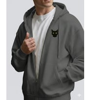 Erkek Siyah Kedi Baskılı Oversize Fermuarlı Hoodie (Gri)