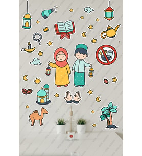 Elinde Fener Tutan Çocuklar Ramazan Sticker Seti - Ramazan Ayı Temalı Cam Duvar Süsleri Çocuk Odası