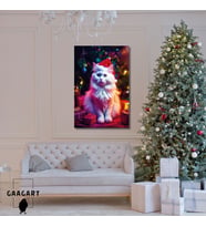 Tekli Dikey Kanvas Duvar Tablosu Yılbaşı Hediyesi Noel Baba Kostümlü Beyaz Kedi