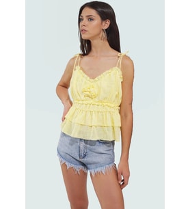 Kadın Keten Görünümlü Yazlık Bluz İnce Askılı Crop Model Özel Tasarım Dayanıklı Malzeme (Sarı)