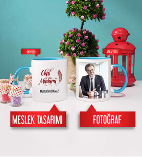 Okul Müdürü Kupa Bardak Mavi Fotoğraflı