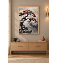 Yaşlı Bonsai Kızıl Taç Ahşap Çerçeveli Duvar Tablosu