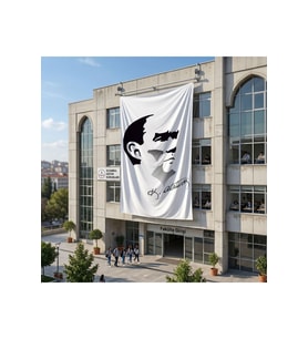 Siyah - Beyaz Mustafa Kemal Atatürk Silüeti ve İmza Poster Bayrak Raşel Kumaş 6x9 metre ATA27