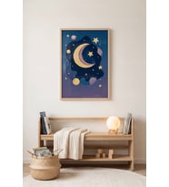 Ay ve Yıldız Temalı Minimalist 1. Kalite Ahşap Çerçeveli Tablo