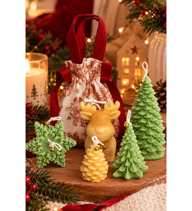 Kış Işıkları Mum - Mumelia Candles Doğal Soya Çam Ağacı Yıldız Kozalak Geyik Desenli Bez Çantada Dekoratif Yeşil Mum Seti