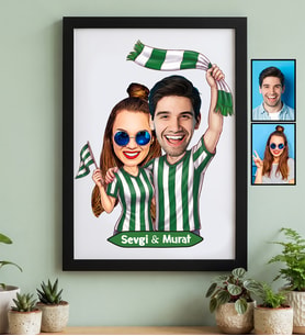 Kişiye Özel Karikatürlü Yeşil Beyaz Taraftar Sevgiliye Hediye Siyah Çerçeve Sevgililer Günü Hediyesi
