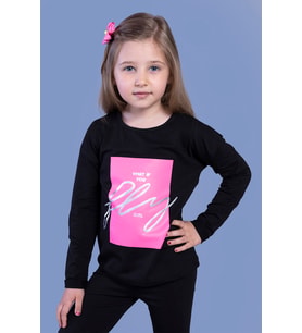 Toontoy Kız Çocuk  Baskılı Tişört (Siyah)