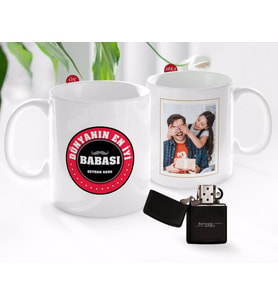 BK Gift Kişiye Özel Babalar Günü Hediyesi Fotoğraflı Kupa Bardak ve Benzinli Çakmak Seti-45 (Model 1)
