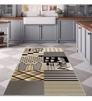Gri Patchwork Mutfak Malzemeleri Desenli Yıkanabilir Kaymaz Taban Leke Tutmaz Modern Mutfak Halısı (Kahverengi)
