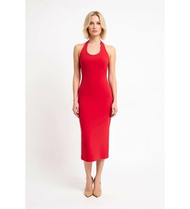 Kadın Havuz Yaka Kolsuz Bodycon Midi Elbise %96 Polyester Elastan Astarsız Düz Desen Günlük Rahat