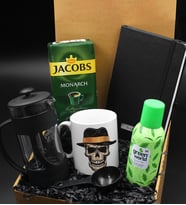 Özel Tasarım Şapkalı Kuru Kafa Kupa & French Press & 250 Gram Jacobs Filtre Kahve & Kişiye Özel Siyah Defter & Green World Kolonya