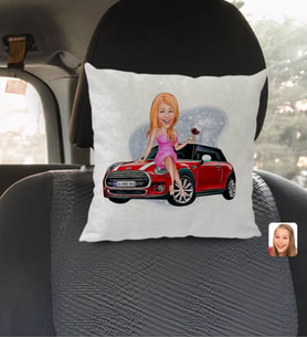BK Gift Kişiye Özel Plakalı Kadın Mini Cooper Karikatürlü Kare Araç Koltuk Yastığı-1