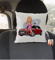 BK Gift Kişiye Özel Plakalı Kadın Mini Cooper Karikatürlü Kare Araç Koltuk Yastığı-1