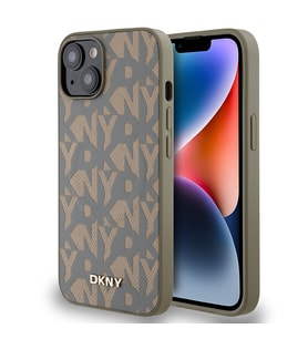 Apple iPhone 15 Uyumlu Kılıf DKNY Orjinal Lisanslı M-safe Şarj Özellikli 3D Yazılı Grid Pattern Kapak (Kahverengi)