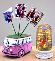 Kişiye Özel Hediye Seti 3 Fotoğraflı Pembe Vosvos Saksı ve Led Işıklı Fanus (Model 8)
