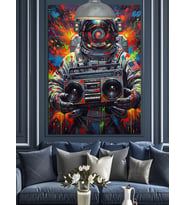 Kaset Çalar Taşıyan Astronot Dekoratif Kanvas - Mdf Ahşap Tablo