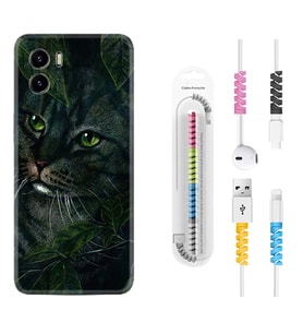 Vivo Y15S Y32 Y33S Y51 Y53S Kılıf Kablo Koruma Spiral Silikon Flowers Cat 1345