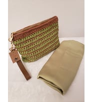 El Yapımı Örgü, Makrome ip Kahverengi-Fıstık Yeşili Kadın El portföyü / Clutch -ŞAL HEDİYELİ