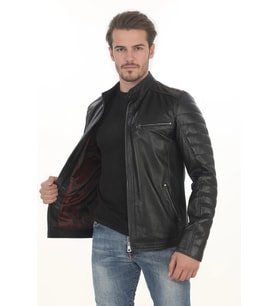 Erkek Kapitone Detaylı Derimont Şık Modern Hakiki Kuzu Derisi Erkek Siyah El Yapımı Biker Mont