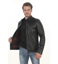 Erkek Kapitone Detaylı Derimont Şık Modern Hakiki Kuzu Derisi Erkek Siyah El Yapımı Biker Mont