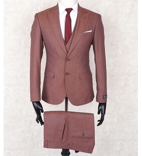 JAN CARLUCCİ Erkek Slim Fit Sivri Yaka Bordo Yelekli Drop 6 Takım Elbise