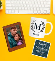 Kişiye Özel Baş Harf İsim Soyisim Beyaz Kupa  Fotoğraflı Çerçeve Ve Kendi Mesajını Oluştur Kart Seti