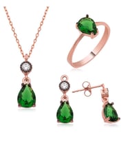 Gümüş Yeşil Damla Taşlı Bayan Set (Çok Renkli)