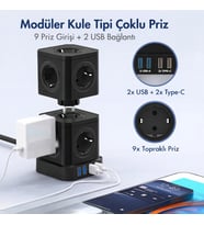 Kule Tipi Çoklu Priz 3680W  9’lu Topraklı Priz + 2 USB + 2 Type-C  Masaüstü Dikey Akım Korumalı Priz (Siyah)