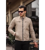 Erkek Su ve Rüzgar Geçirmez Slim Fit Astarlı Mevsimlik Mont (Krem)