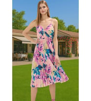 Pileli Midi Elbise Polyester Örme Yazlık Günlük Şık Özenle Seçilmiş Modern Stil Zarifane Tasarım (Pembe)