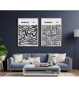 Bauhaus Siyah Çizgiler Duvar Tablosu Çerçeveli 2'li Set Beyaz Renk 35 x 50 Boyut/Ebat (Çok Renkli)