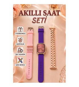 Rose Gold Kadın Akıllı Saat – Pembe, Mor ve Metal Görünümlü 3 Kordonlu Set