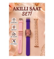 Rose Gold Kadın Akıllı Saat – Pembe, Mor ve Metal Görünümlü 3 Kordonlu Set