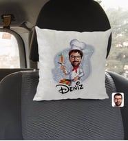 BK Gift Kişiye Özel İsimli Erkek Chef Karikatürlü Kare Araç Koltuk Yastığı-1