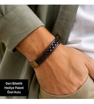 Erkek Kahverengi Deri Bileklik – Siyah Örgü Detaylı, Hediye Kutulu Bileklik
