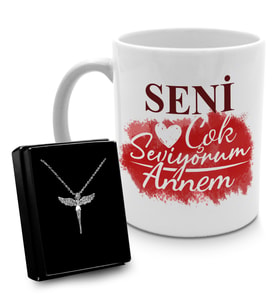 Anneler Gününe Özel Tasarım Kupa & Gümüş Renk Kaplama Zirkon Taşlı Melek Kolye Seti