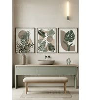 Modern Botanik Banyo Konsepti 3’lü Ahşap Çerçeveli Tablo Seti