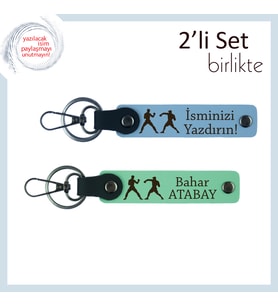 Kazanmaya Kararlı Sporcuya, Yumruk Desenli, İsme Özel 2’li Anahtarlık Seti, Gök Mavi-Açık Yeşil