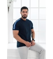 Slimfit Omuz Şeritli Bisiklet Yaka %100 Pamuk Dokulu T-shirt (Lacivert)