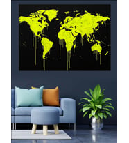 Neon Renkli Dünya Haritası Dekoratif Kanvas - Mdf Ahşap Tablo