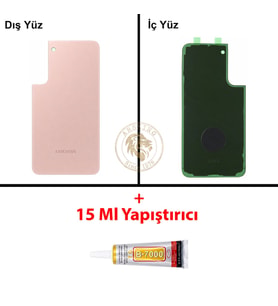 Samsung Galaxy S22 Plus Rose Gold Renk Arka Kapak + B7000 Yapıştırıcı Arka Cam Batarya Kapağı Pil Kapağı Lazer Kesim Back Cover Galaxy S22 Plus Uyumlu
